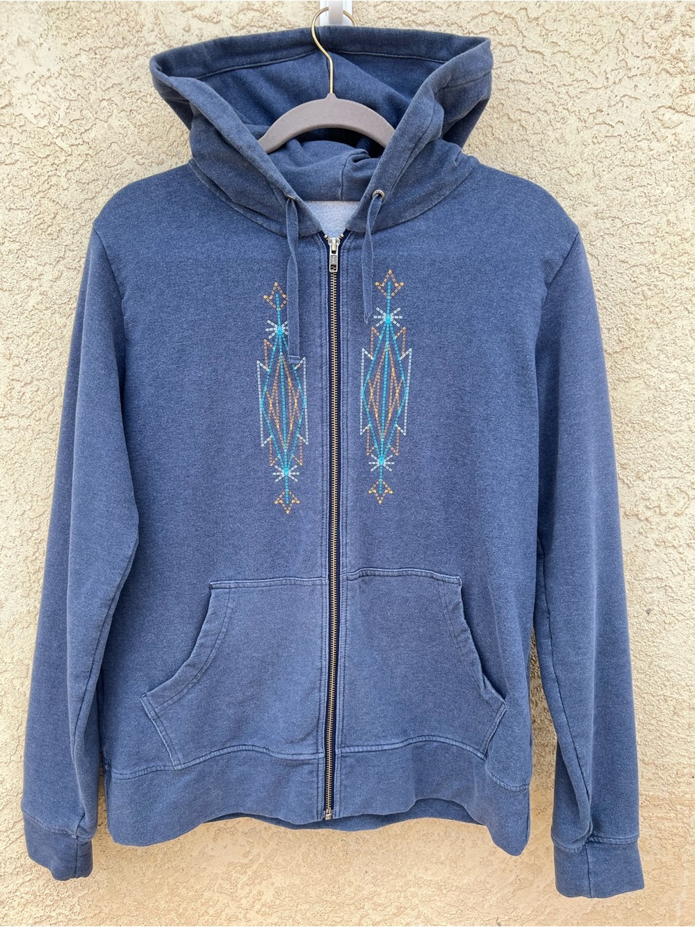 PATAGONIA VINTAGE ORGANIC COTTON WESTERN PRINT BLUE HOODIE JACKET SIZE LARGE